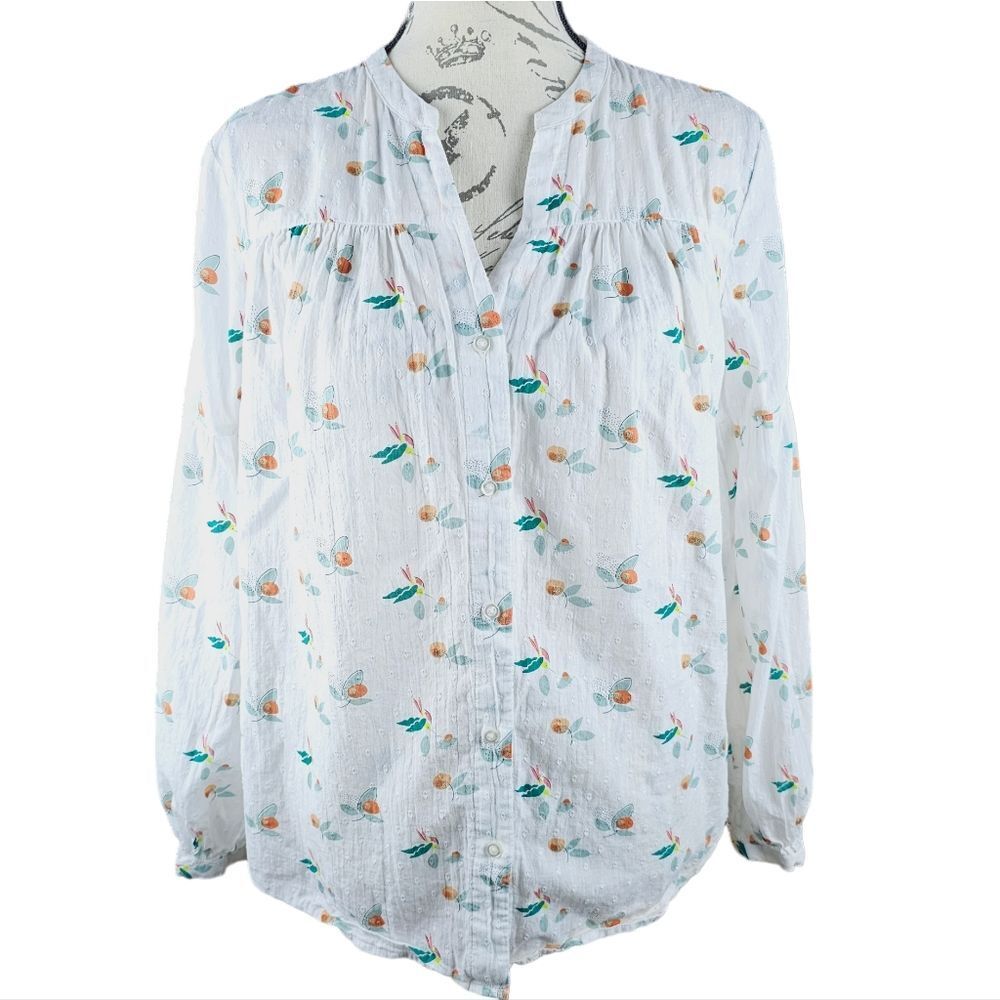 DIP -592 Women's White Orange Printed Button-Up‎ Blouse Size Medium